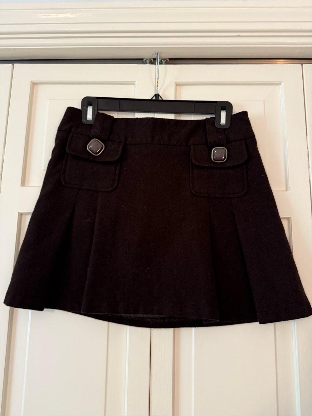 Brown Wool Mini Skirt with Flap Pockets and Button Detail